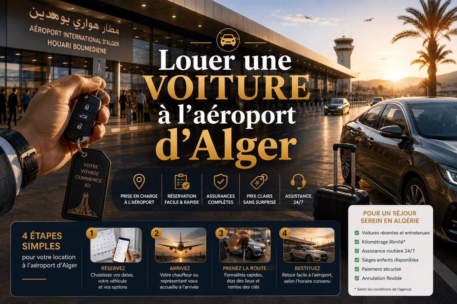 Location de voiture à l’aéroport d’Alger : agences, caution, assurance et pièges