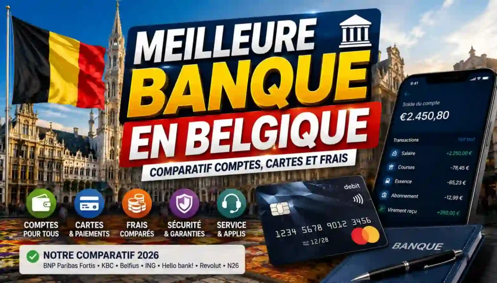 Comparatif des banques en Belgique avec carte bancaire, application mobile et drapeau belge